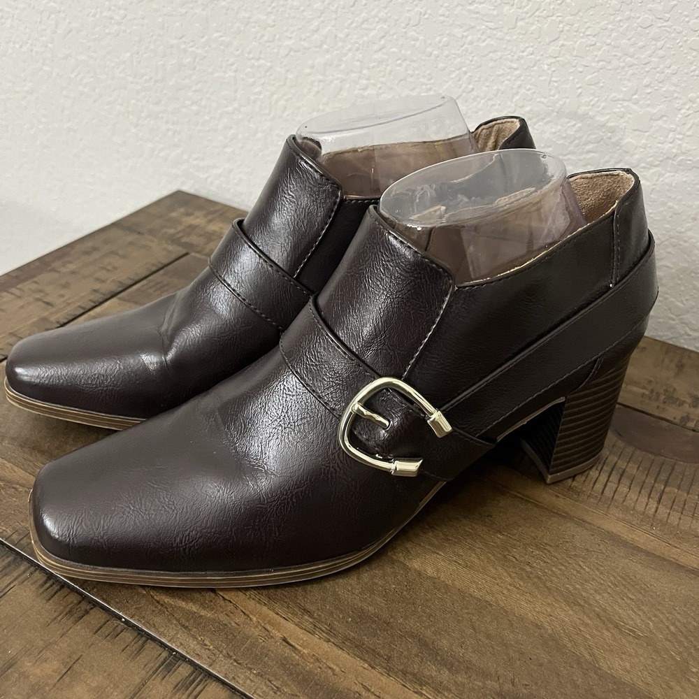 Abella Boots Womens 9.5 M Sonnet Ankle Booties Brown Faux Leather Heeled Square‎